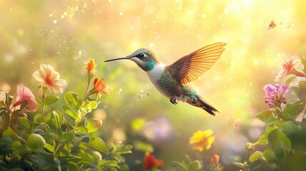 Fototapeta premium Beautiful vector illustration of a hummingbird in flight, surrounded by lush greenery and colorful flowers, with a bright golden background