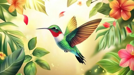 Obraz premium Beautiful vector illustration of a hummingbird in flight, surrounded by lush greenery and colorful flowers, with a bright golden background