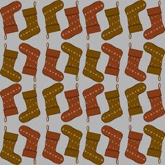 Colorful holiday stockings arranged in a repetitive pattern on a light gray background
