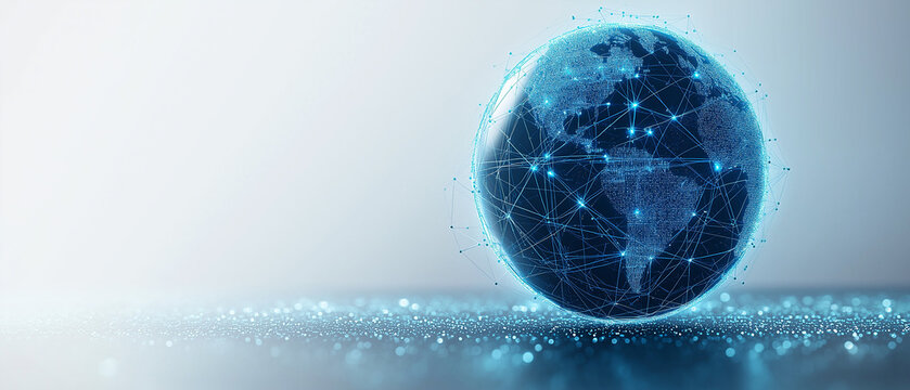 A digital globe with network lines on a white background with abstract square patterns, representing global connectivity, connectivity, Ai