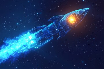 Futuristic geometric rocket blasting off with a trail of blue energy particles against a starry backdrop, symbolizing advanced technology, innovation, and space exploration.