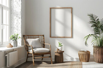 Stylish home studio interior with eating and relaxing space. Mockup frame. Generative Ai.