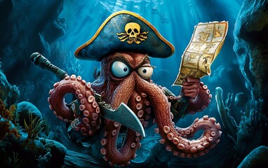 Obraz premium Cheerful Pirate Octopus with Treasure Map and Sword in Underwater Adventure