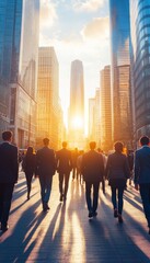 Obraz premium Commuting to work in the city Businesspeople walking towards the sunrise in the financial district.