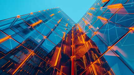 A tall building with many windows and a bright orange sky in the background