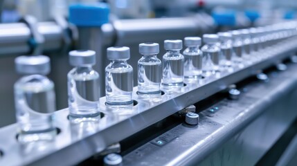 Medical vials on production line at pharmaceutical factory, Pharmaceutical machine working pharmaceutical glass bottles production line, health care, pandemic