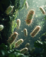 A stunning close-up of bacteria in a vibrant, underwater scene, showcasing their unique shapes and textures in natural light.