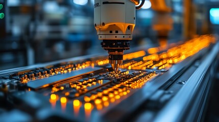 Close-up of a robotic arm assembling electronic components on a circuit board in an advanced manufacturing facility.