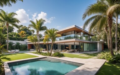 Fototapeta premium Serene Modern Two-Story House with Glass Walls, Wooden Roof, Pal