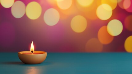A candle is lit in a small bowl on a table
