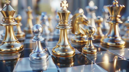 Shot of CHESS concept gold and si king surrounded with SILVER and GOLD chess pieces on game competition, chess battle, victory, success, team leader, teamwork, business strategy concept.3d rendering.