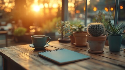 Elegant, minimalist desk setup with a notebook and pen, warm natural tones and soft shadows