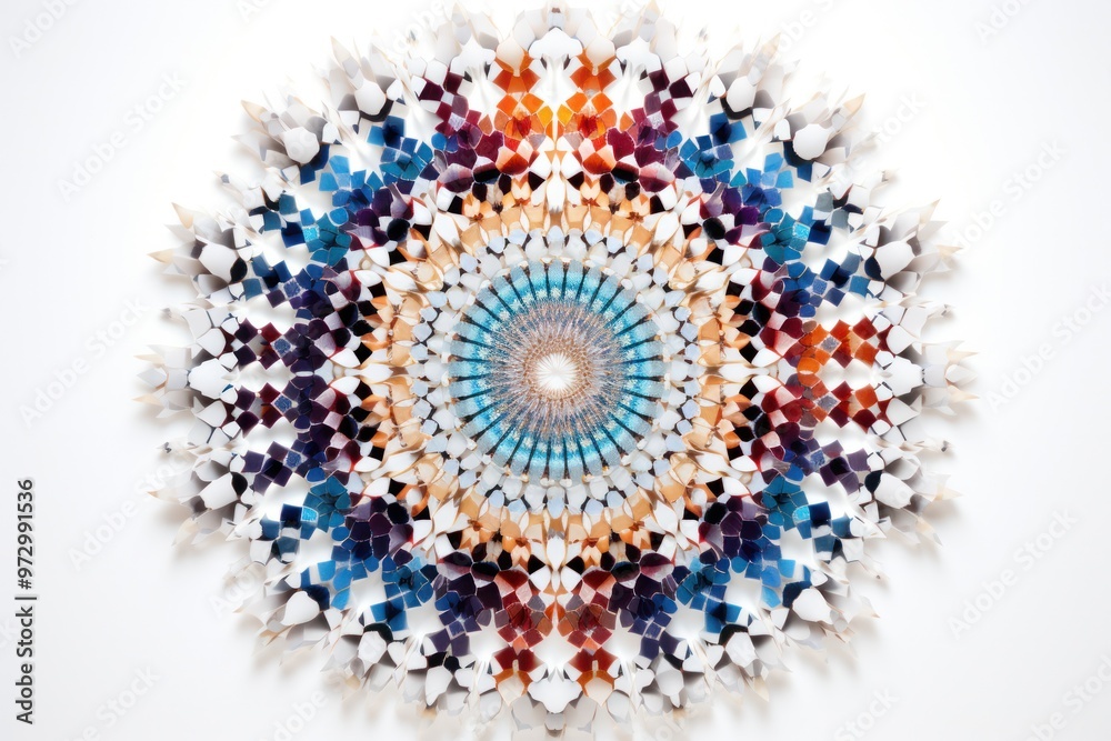 Poster geometric pattern made of tiny reflective objects, creating a mesmerizing kaleidoscope effect
