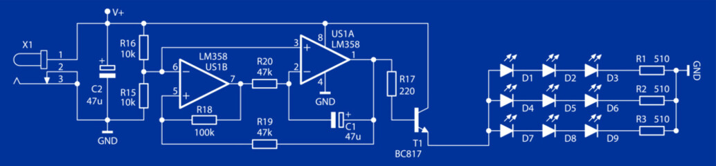 Schematic diagram of electronic device.
Vector drawing electrical circuit with operational amplifier, 
resistor, led, capacitor, transistor, other components 
on white background of paper sheet.