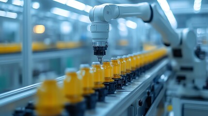 Hightech robotic arms in a sterile, automated factory, working on mass production under soft, focused lighting
