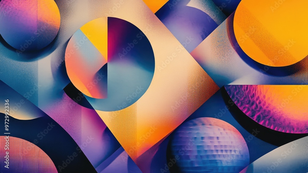 Poster an abstract background featuring a collage of intersecting shapes and gradients, creating a multi-di