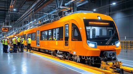 Fototapeta premium An orange train in a modern workshop, with workers inspecting and maintaining the vehicle for efficient transportation.