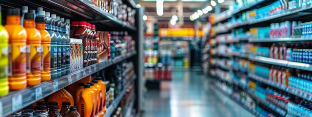 Supermarket aisle filled with colorful cleaning and household products