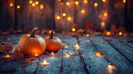 Two small pumpkins with fall leaves and string lights on a wooden surface.