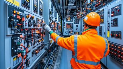 Electrician inspecting control panel with orange safety gear in modern facility, ensuring safety and functionality of equipment.