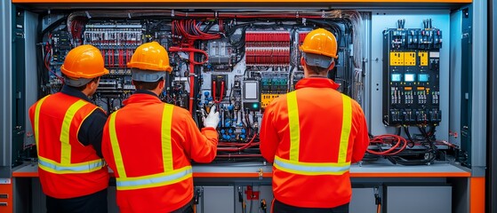 Engineers working on electrical control panel in industrial setting, showcasing safety gear and teamwork in action.