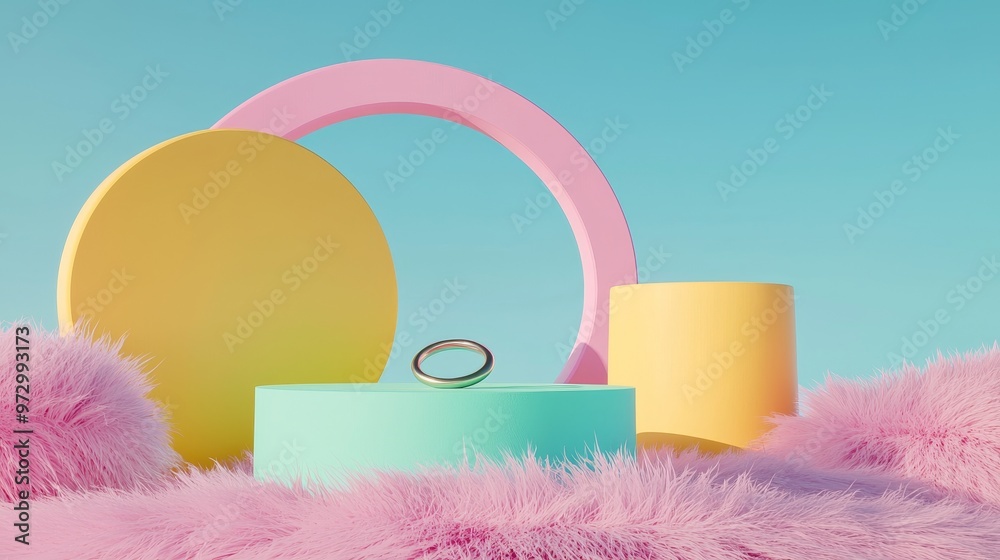 Wall mural 3D Render, Abstract Surreal landscape with an empty podium for product advertising on a colorful pastel dune of grassland with a glass circle on the dune over a sunset sky.