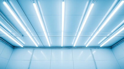 Obraz premium A white ceiling with bright neon lights, seen from below. This image is perfect for adding your own text or design.