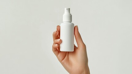 A close-up shot of a woman's hand holding an unbranded cosmetic bottle, with a clean, white background, ready for product design or mockup presentation.