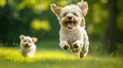 A dog running in the park, joyfully playing with another pet, captured from a point-of-view shot, with a candid, vibrant style and a minimal background, showcasing the excitement and playful 