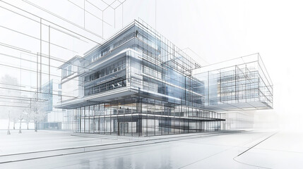 Modern Architecture building construction perspective design, building sketch line drawing on white background