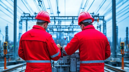 Two workers in red uniforms manage electrical equipment at a power station, ensuring safety and efficiency in operations.