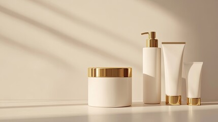 A minimalist 3D rendering of beauty products in white and gold, including a face cream jar, cosmetic bottle, and spray tube. Perfect for skincare or hair care branding visuals.