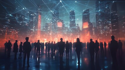 A crowd of business people in an office space, connected by glowing data connections to each other and the building they stand inside