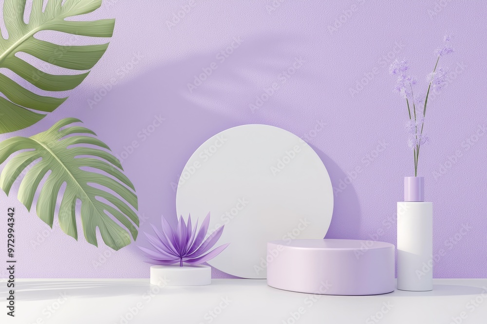 Poster in this 3d rendering you see a pastel purple background with a podium stand for presenting cosmetic 