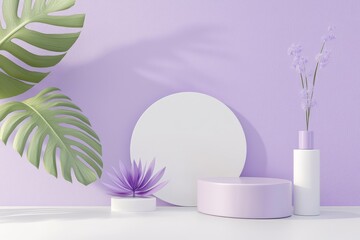 In this 3d rendering you see a pastel purple background with a podium stand for presenting cosmetic products and advertising. A studio scene with a clean showcase pedestal and cosmetic product on