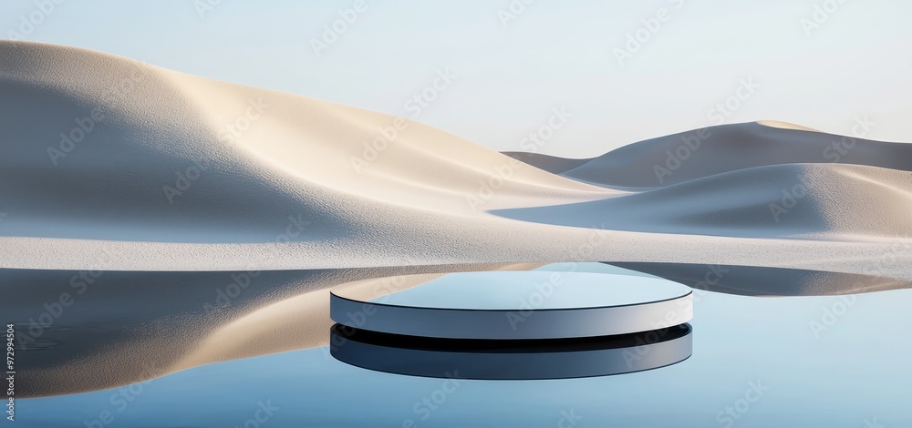 Aufkleber Dream land background with podium stage platform. Abstract dune landscape with geometric arch in winter season. Fantasy island scenery with water and natural cloudy sky. 3d rendering.