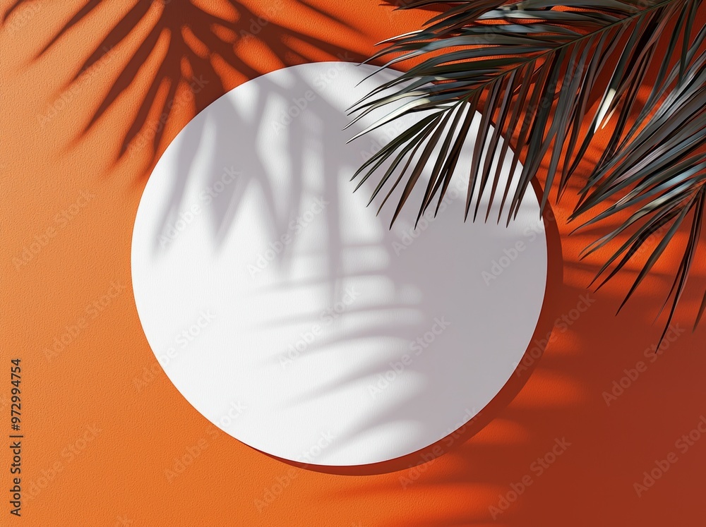 Aufkleber with shadows of palm leaves on a summer background, this 3d render shows the top view of a white bla