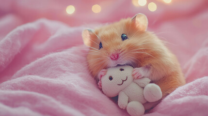 A hamster cuddling with a small stuffed toy, captured from a close-up view with a pastel background and a happy style, highlighting the affectionate moment and the hamster’s gentle expression 
