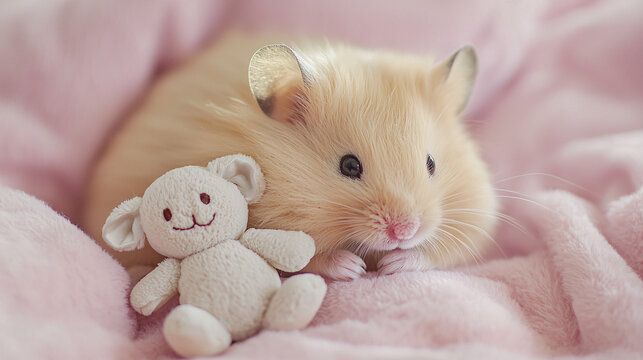 A hamster cuddling with a small stuffed toy, captured from a close-up view with a pastel background and a happy style, highlighting the affectionate moment and the hamster’s gentle expression 