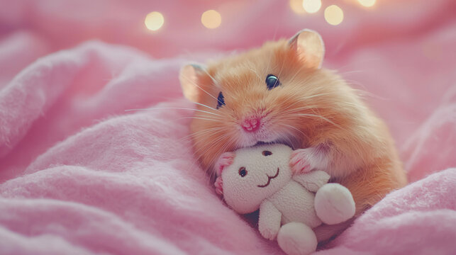 A hamster cuddling with a small stuffed toy, captured from a close-up view with a pastel background and a happy style, highlighting the affectionate moment and the hamster’s gentle expression 