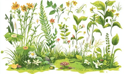 Obraz premium Cartoon set with grass shoots, stems, leaves, and pasture border with horizontal vegetation.