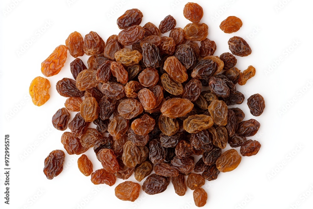 Poster raisins isolated on background from flat lay view, with high vitamins and nutrients.
