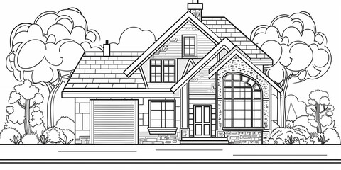 Fototapeta premium Sketch of countryside house surrounded by trees.