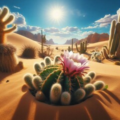 Desert Biome: A resilient cactus flower blooming in the hot, dry desert, surrounded by sandy dunes and spiky plants under a bright blue sky.