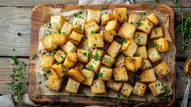 Crispy crouton topped board garnished with fresh herbs for a delightful appetizer