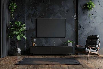 TV room interior with black leather armchair on empty dark wall 3D render. Generative Ai.