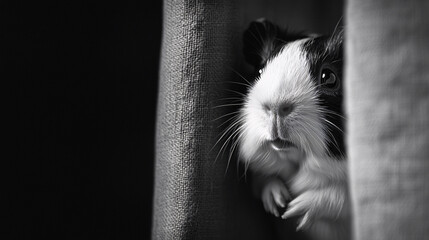 A point-of-view shot of a guinea pig peeking out from behind a toy, with a black and white style and a plain background, focusing on the guinea pig’s inquisitive expression and the simplicity 