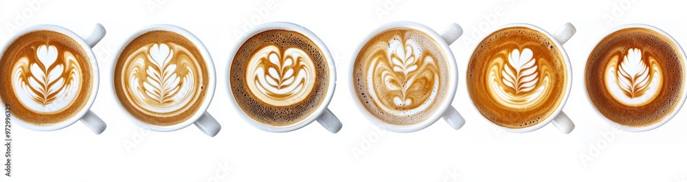 Poster coffee latte or cappuccino in white cup from flat lay view isolated on background, various foam bubb