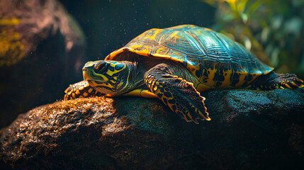 A close-up view of a turtle napping in its enclosure, with a serene background and a realistic style, highlighting the turtle’s peaceful rest and cozy environment 