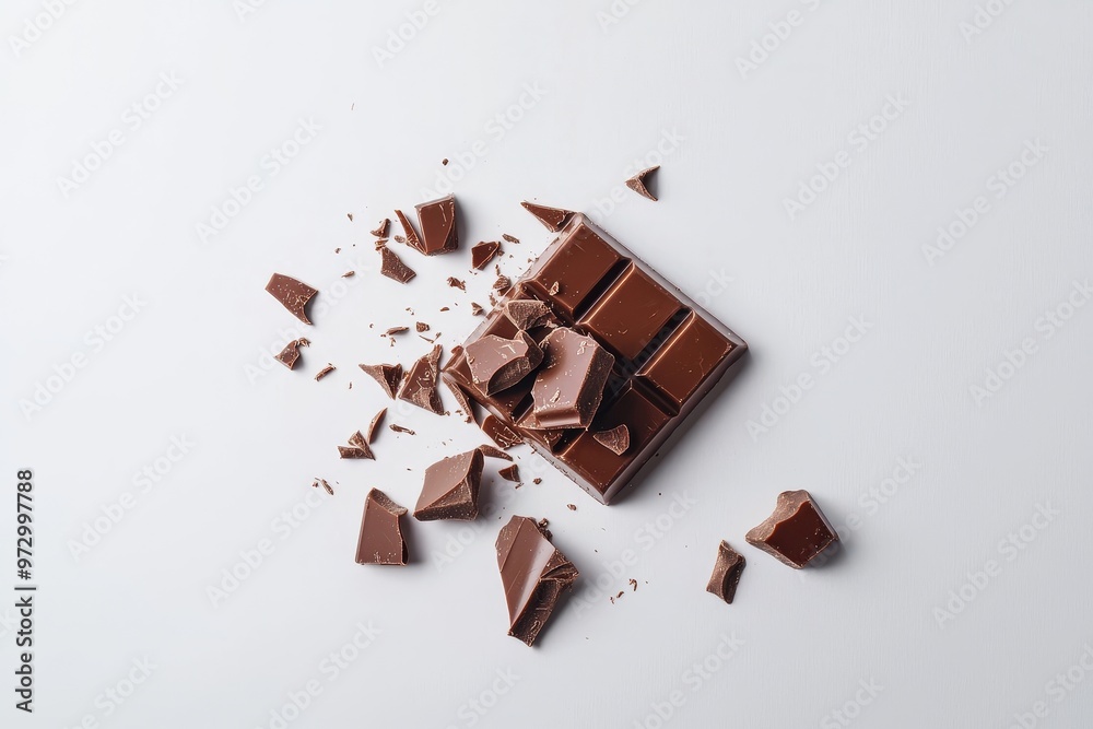 Poster a broken chocolate bar with bits floating in the air, a popular dessert snack.